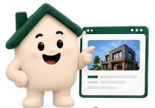 De Bedrijfshuis-mascotte wijst naar een bedrijfspagina in een browservenster