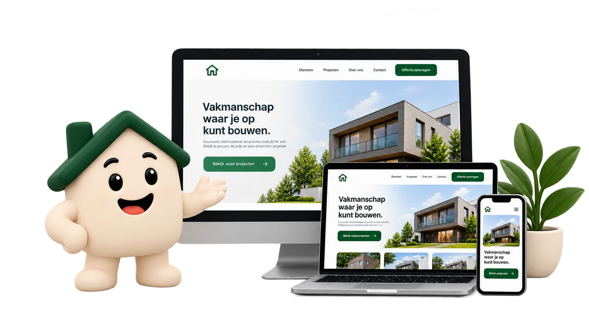De Bedrijfshuis-mascotte naast een monitor, laptop en telefoon die dezelfde bedrijfswebsite tonen