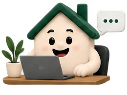 De Bedrijfshuis-mascotte achter een laptop met een chatvenster